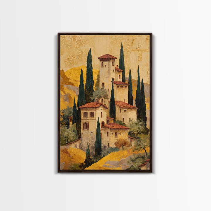 Tuscan Hillside with Cypress Trees and Golden Canvas Print, Italian Villa Art, Minimalist Decor, Living Room Decor, IVA-2x3-81