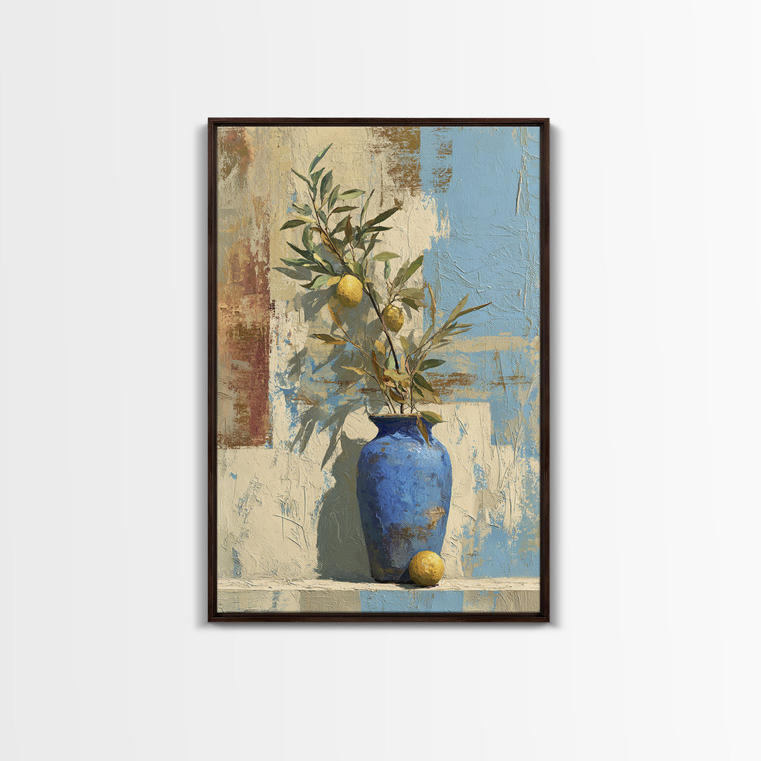 Lemon Branch in Blue Ceramic Vase Canvas Print, Italian Villa Art, Luxury Decor, Living Room Decor, Villa, Framed Wall Art, IVA-2x3-82