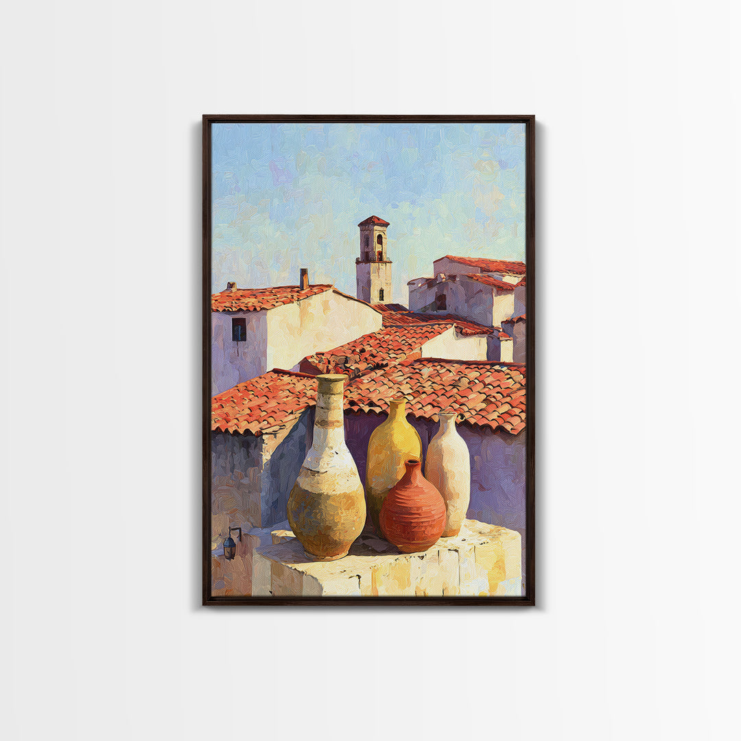 Terracotta Rooftops Against Pale Sky Framed Canvas Print, Italian Villa Art, Digital Wall Art, Living Room Decor, Villa, IVA-2x3-84