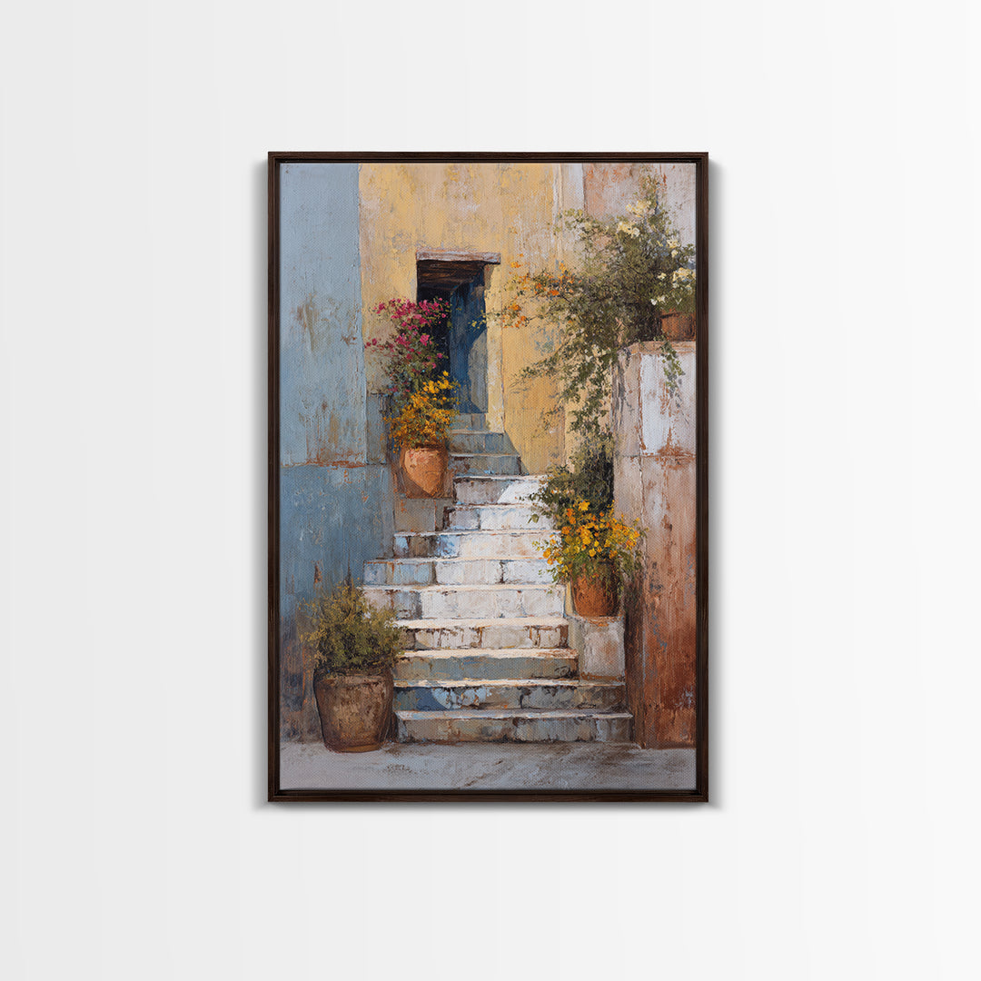 Sunlit Stone Stairway Canvas Print, Italian Villa Art, Luxury Decor, Living Room Decor, Fine Art, Villa, Framed Wall Art, IVA-2x3-91