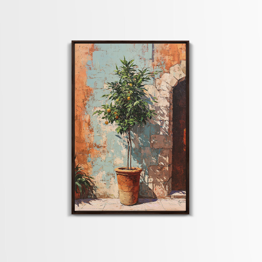Orange Tree in a Courtyard Planter Framed Canvas Print, Italian Villa Art, Textured Painting, Living Room Decor, Villa, IVA-2x3-94