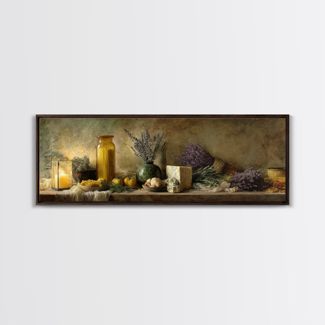 Pasta Herbs and Tomatoes Still Life Canvas Print, Italian Villa Art, Living Room Art, Living Room Decor, Watercolor Art, Villa, IVA-3x1-11