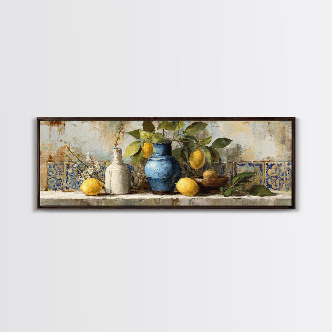 Lemon Branch in Blue Ceramic Vase Framed Canvas Print, Italian Villa Art, Living Room Decor, Watercolor Art, Villa, IVA-3x1-18