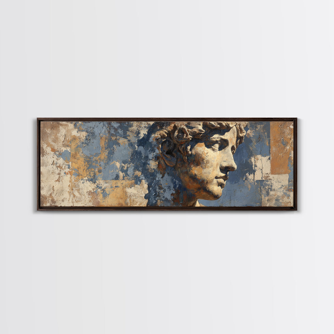 Classic Roman Statue Bust Framed Canvas Print, Italian Villa Art, Landscape Print, Living Room Decor, Oil Painting, Villa, IVA-3x1-28