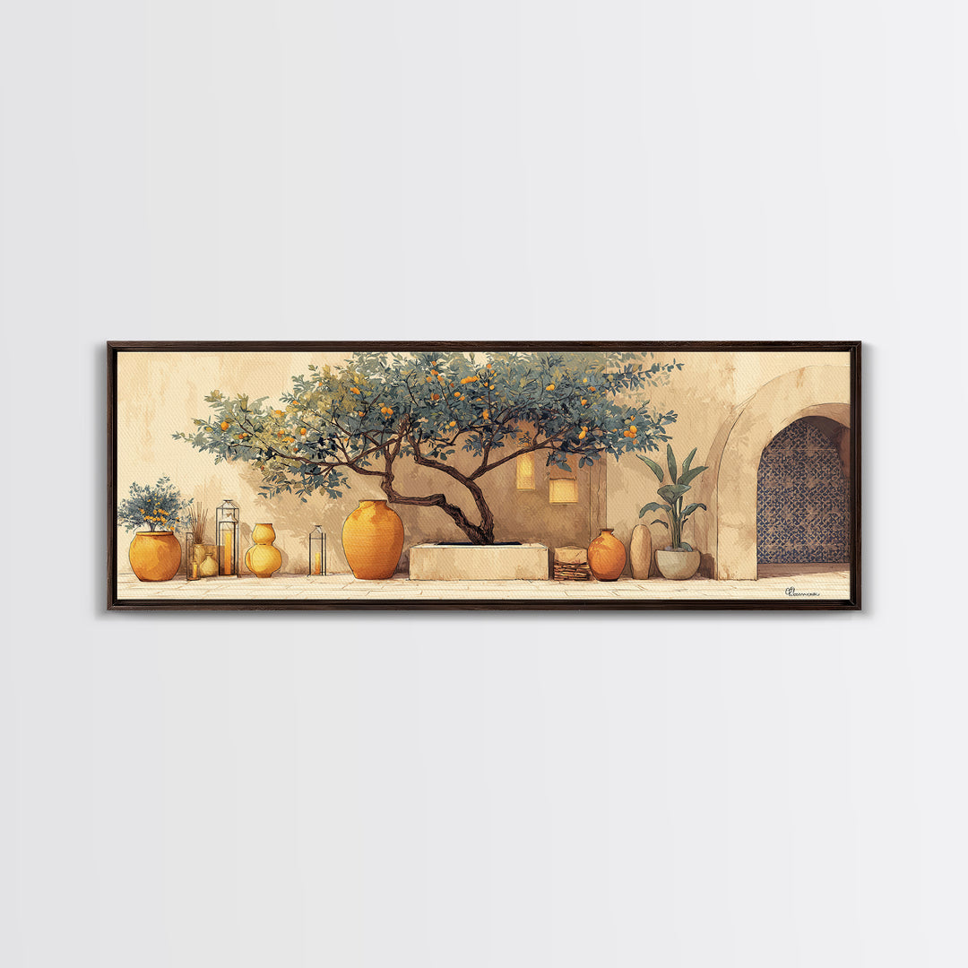 Orange Tree in a Courtyard Planter Canvas Print, Italian Villa Art, Statement Artwork, Living Room Decor, Fine Art, Villa, IVA-3x1-30