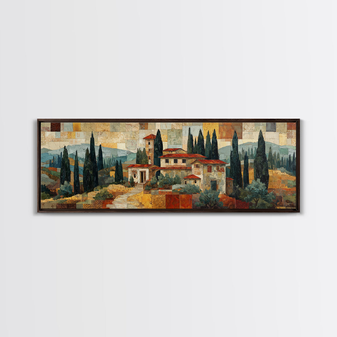 Tuscan Hillside with Cypress Trees and Golden Canvas Print, Italian Villa Art, Living Room Wall Art, Living Room Decor, Villa, IVA-3x1-41