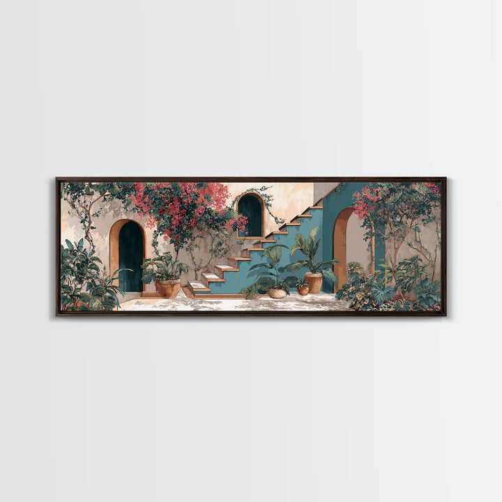 Sunlit Stone Stairway Framed Canvas Print, Italian Villa Art, Textured Painting, Living Room Decor, Villa, Bedroom Wall Art, IVA-3x1-51