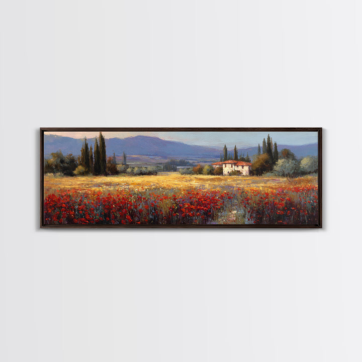 Tuscan Poppy Field Framed Canvas Print, Italian Villa Art, Boho Decor, Living Room Decor, Fine Art, Villa, Digital Wall Art, IVA-3x1-55