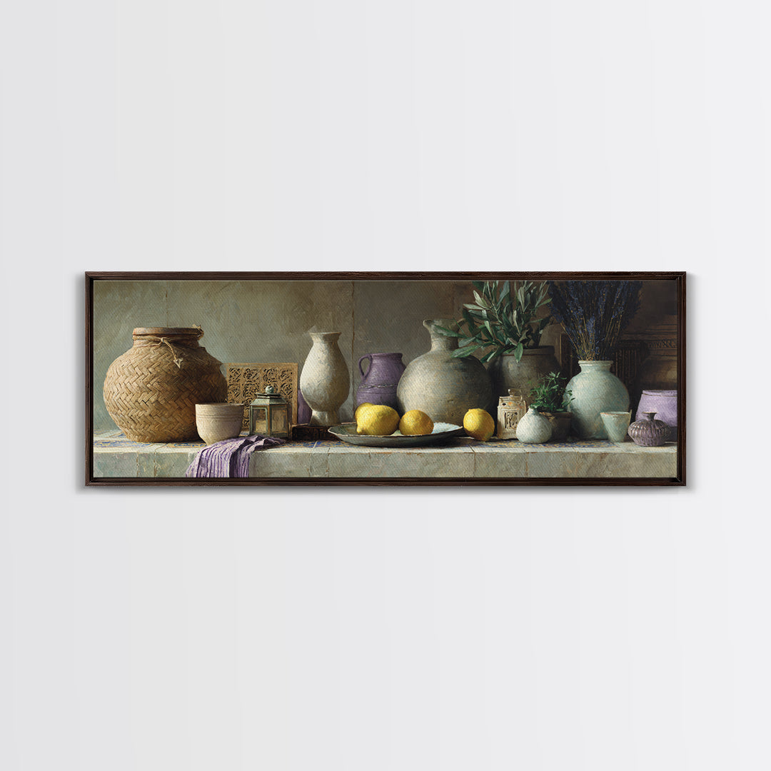 Coastal Lemons and Striped Cloth Arrangement Canvas Print, Italian Villa Art, Modern Decor, Living Room Decor, Villa, IVA-3x1-64