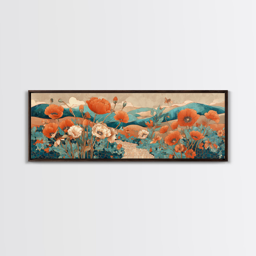 Tuscan Poppy Field Framed Canvas Print, Italian Villa Art, Oil Painting, Living Room Decor, Villa, Farmhouse Wall Art, IVA-3x1-79