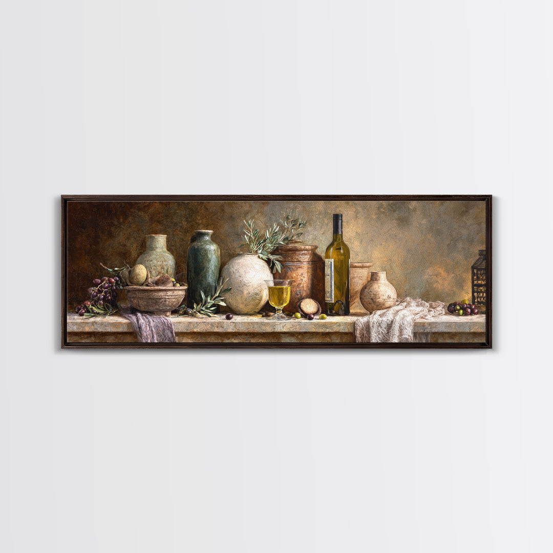 White Wine and Olives Still Life Canvas Print, Italian Villa Art, Living Room Art, Living Room Decor, Fine Art, Villa, IVA-3x1-8