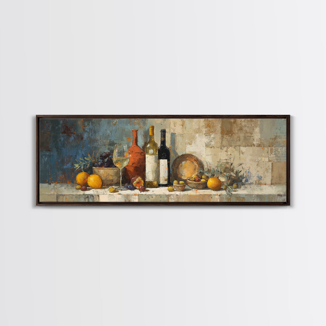 White Wine and Olives Still Life Canvas Print, Italian Villa Art, Minimalist Decor, Living Room Decor, Fine Art, Villa, IVA-3x1-80