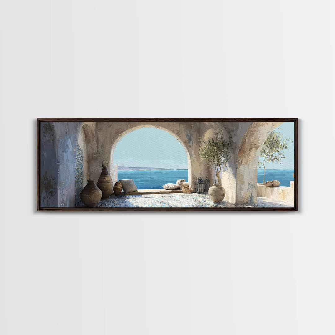 Mediterranean Arch Framing Blue Sea Canvas Print, Italian Villa Art, Gallery Wall, Living Room Decor, Fine Art, Villa, IVA-3x1-96