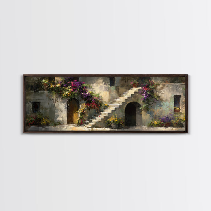 Sunlit Stone Stairway Framed Canvas Print, Italian Villa Art, Gallery Wall Set, Living Room Decor, Villa, Modern Decor, IVA-3x1-99