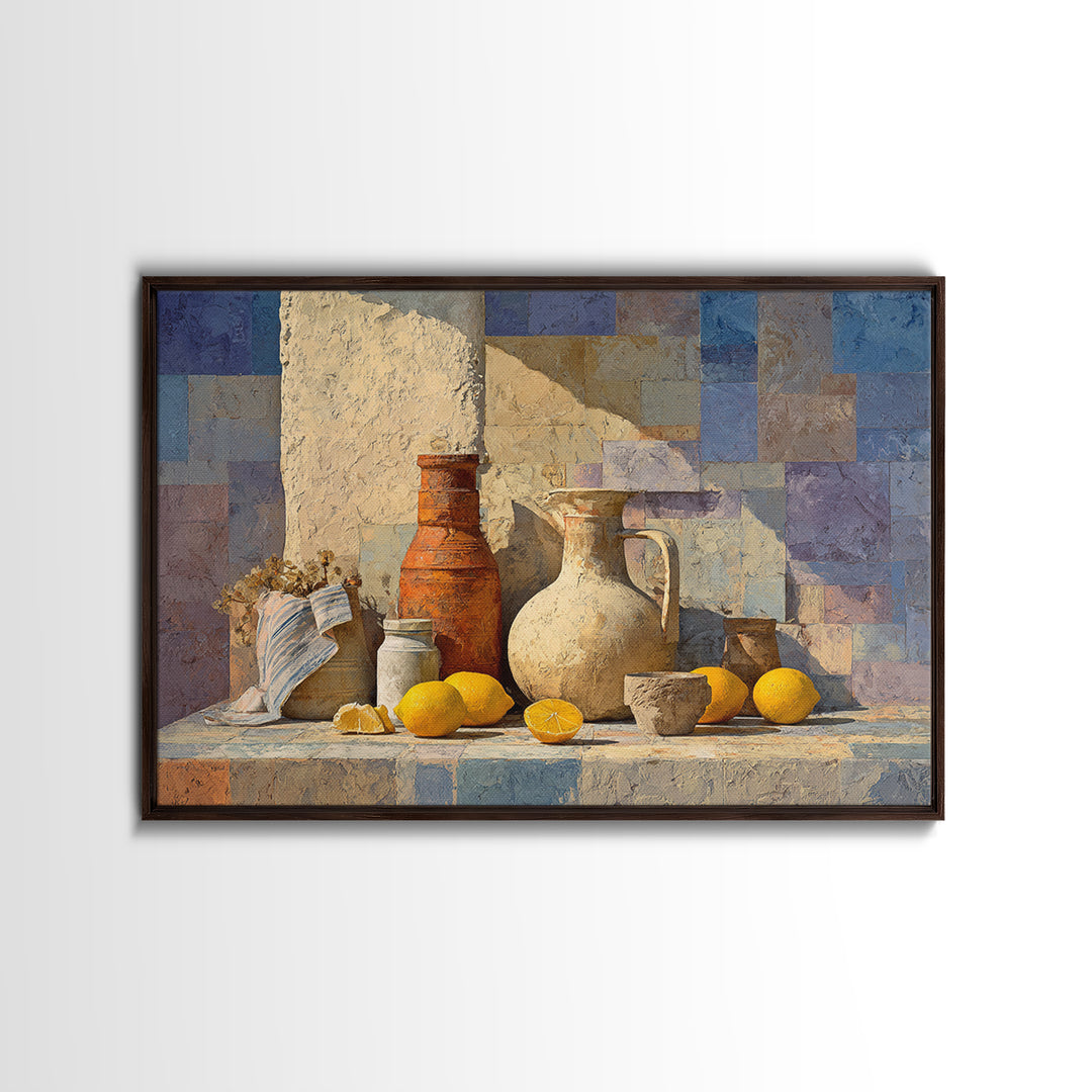 Coastal Lemons and Striped Cloth Arrangement Canvas Print, Italian Villa Art, Landscape Painting, Living Room Decor, Villa, IVA-3x2-100
