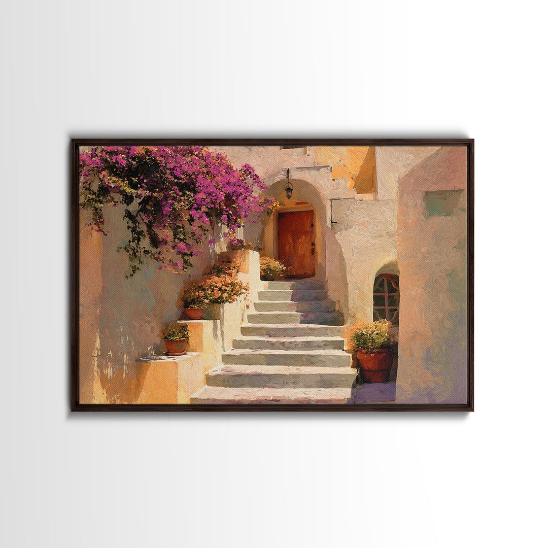 Sunlit Stone Stairway Framed Canvas Print, Italian Villa Art, Neutral Decor, Living Room Decor, Fine Art, Villa, IVA-3x2-15