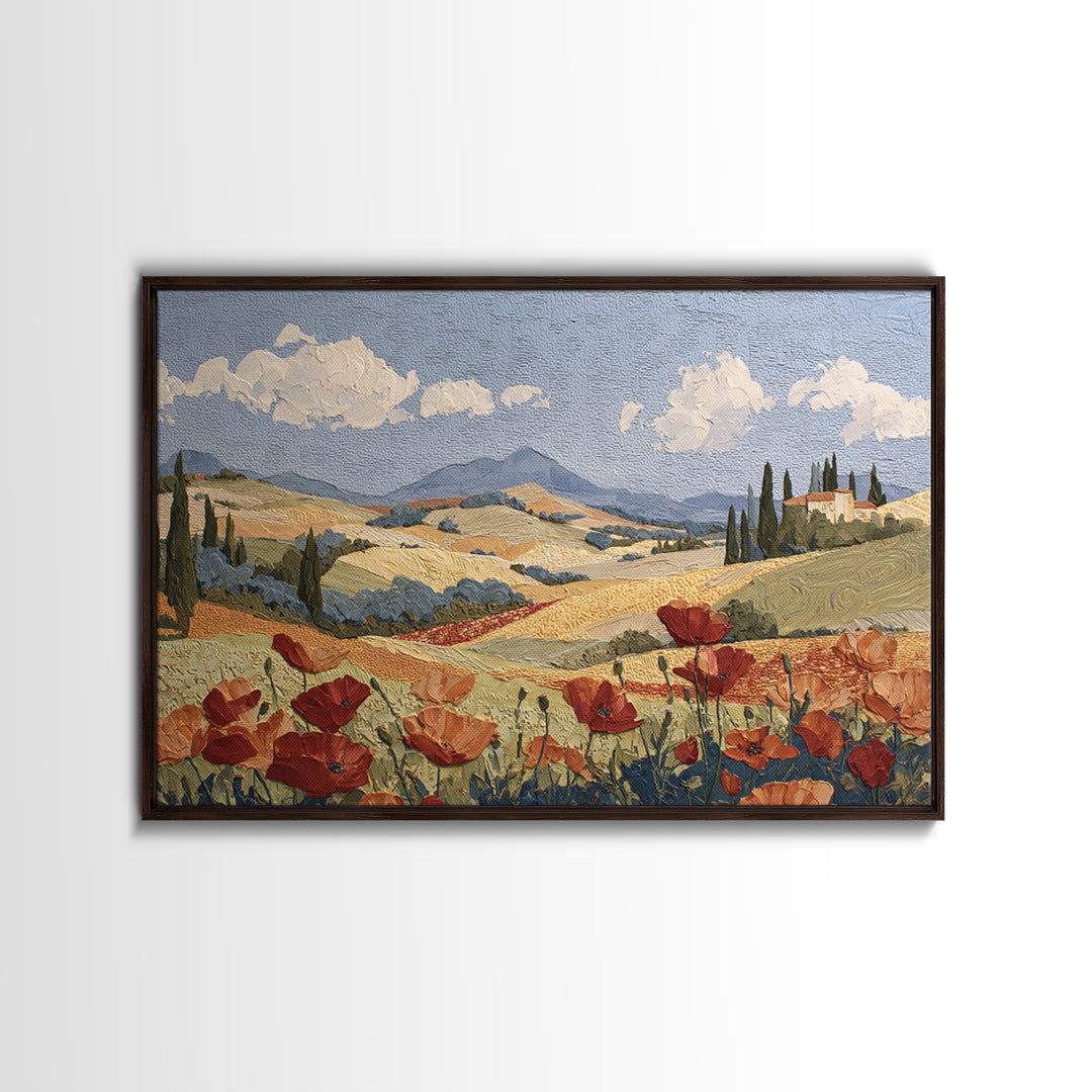 Tuscan Poppy Field Framed Canvas Print, Italian Villa Art, Printable Wall Art, Living Room Decor, Villa, Coastal Wall Art, IVA-3x2-19
