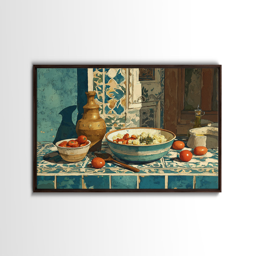 Pasta Herbs and Tomatoes Still Life Framed Canvas Print, Italian Villa Art, Room Decor, Living Room Decor, Fine Art, Villa, IVA-3x2-23