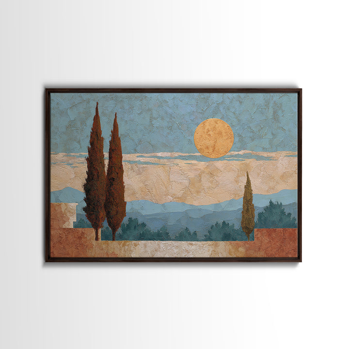 Cypress Silhouette at Sunset Framed Canvas Print, Italian Villa Art, Oil Painting, Living Room Decor, Abstract Art, Villa, IVA-3x2-25