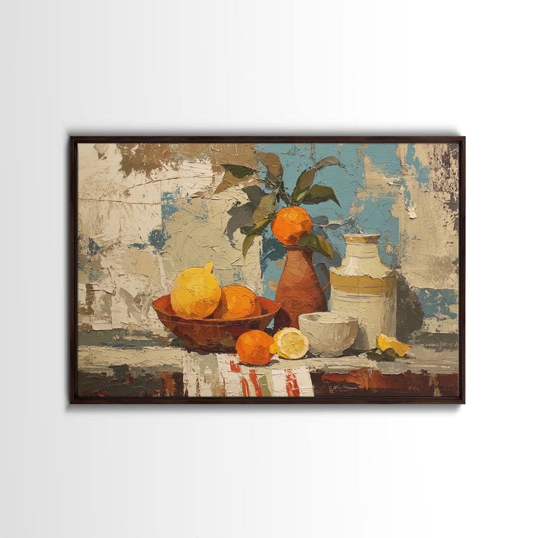 Coastal Lemons and Striped Cloth Arrangement Framed Canvas Print, Italian Villa Art, Boho Decor, Living Room Decor, Villa, IVA-3x2-28
