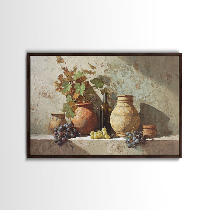 Grapevine and Wine Still Life on Linen Framed Canvas Print, Italian Villa Art, Digital Wall Art, Living Room Decor, IVA-3x2-35