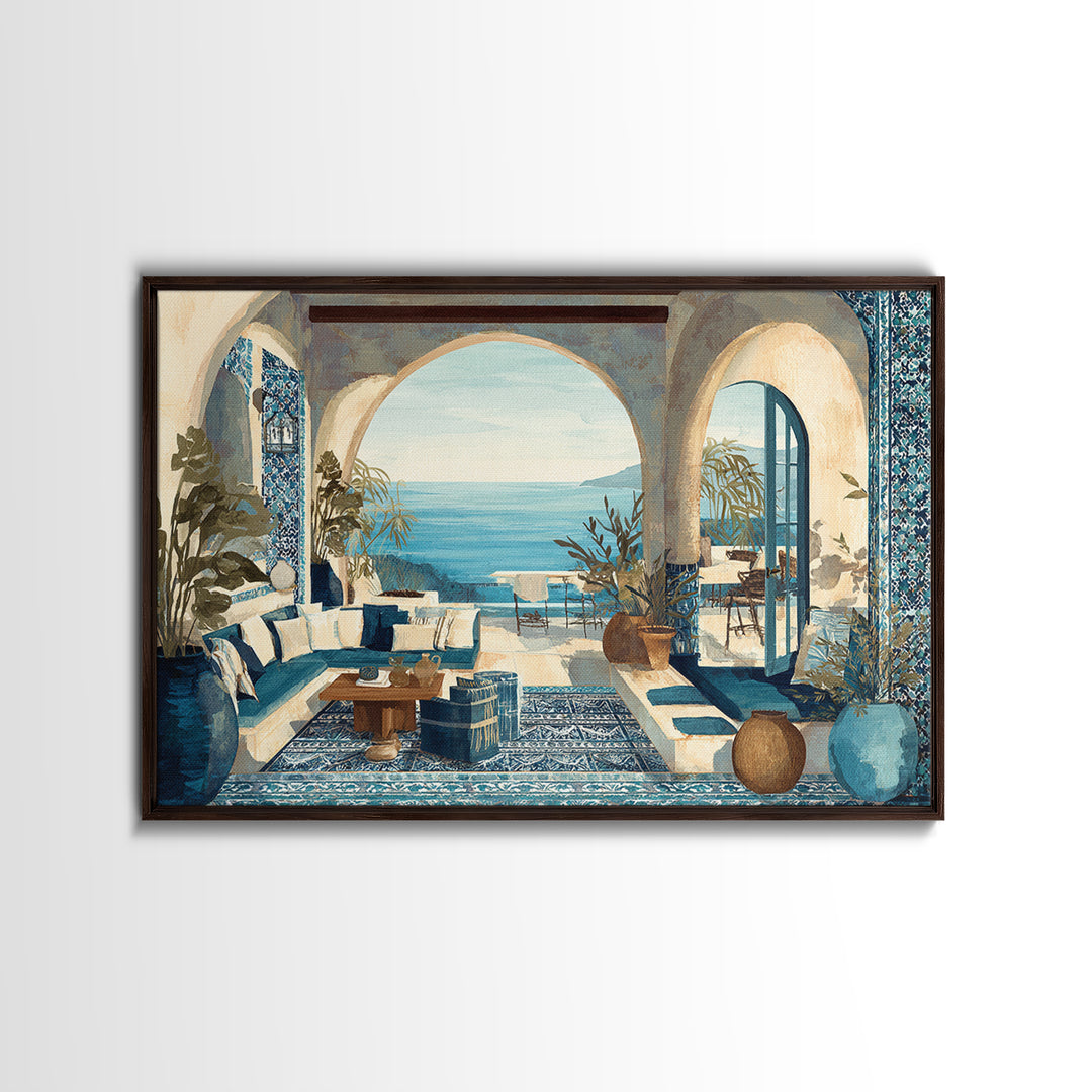Mediterranean Arch Framing Blue Sea Framed Canvas Print, Italian Villa Art, Contemporary Art, Living Room Decor, Villa, IVA-3x2-36