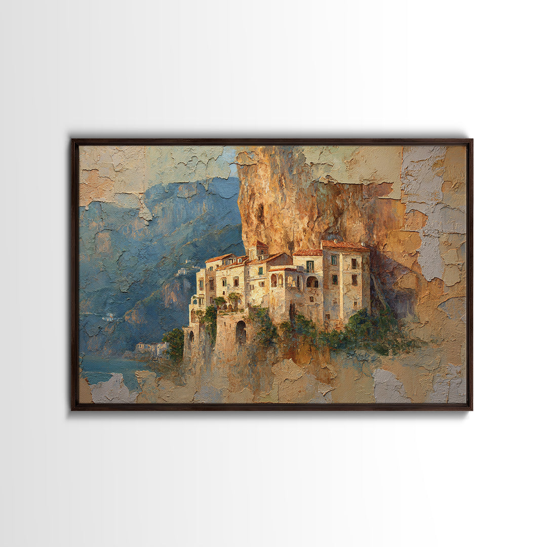 Amalfi Coast Cliffs Framed Canvas Print, Italian Villa Art, Printable Art, Living Room Decor, Watercolor Art, Villa, IVA-3x2-41