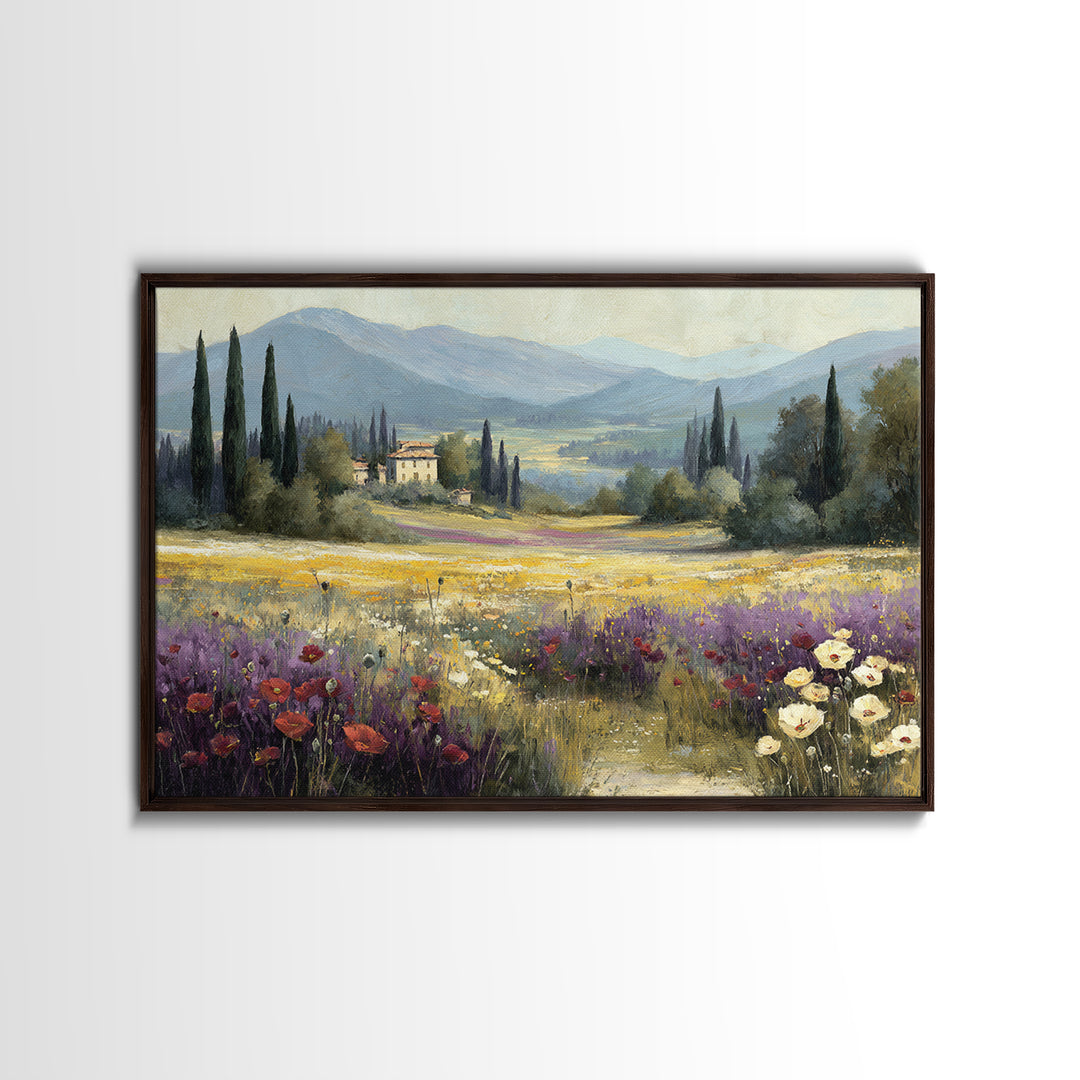 Tuscan Poppy Field Canvas Print, Italian Villa Art, Framed Wall Art, Living Room Decor, Abstract Art, Villa, Colorful Wall Art, IVA-3x2-43
