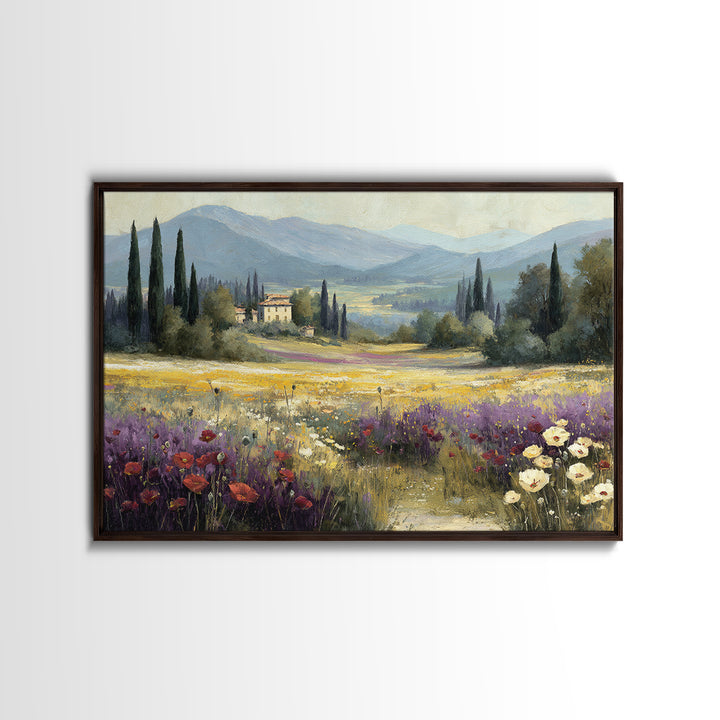 Tuscan Poppy Field Canvas Print, Italian Villa Art, Framed Wall Art, Living Room Decor, Abstract Art, Villa, Colorful Wall Art, IVA-3x2-43