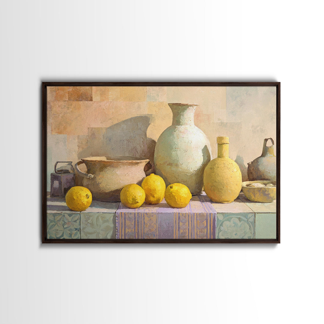 Coastal Lemons and Striped Cloth Arrangement Canvas Print, Italian Villa Art, Living Room Decor, Abstract Art, Villa, IVA-3x2-52
