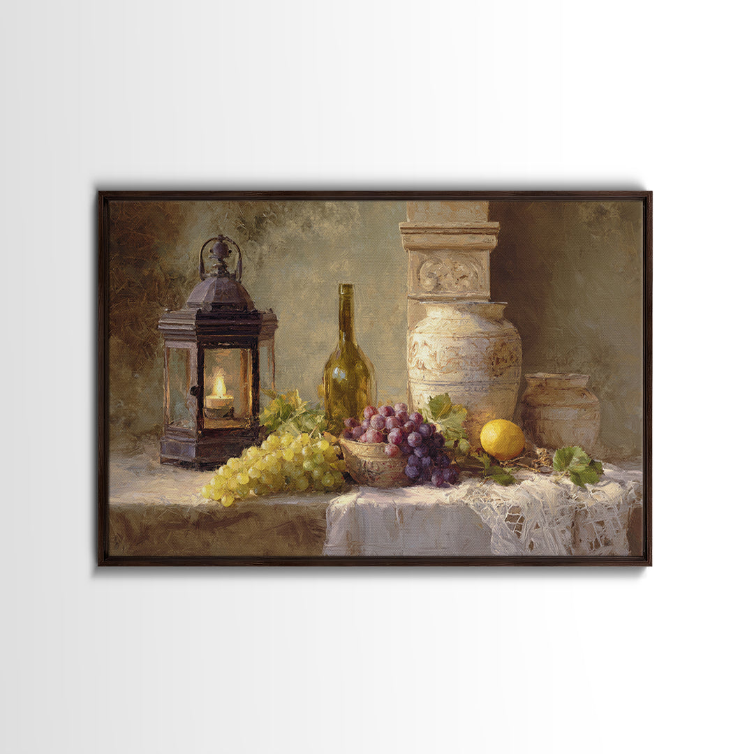 Grapevine and Wine Still Life on Linen Framed Canvas Print, Italian Villa Art, Farmhouse Wall Art, Living Room Decor, Villa, IVA-3x2-59