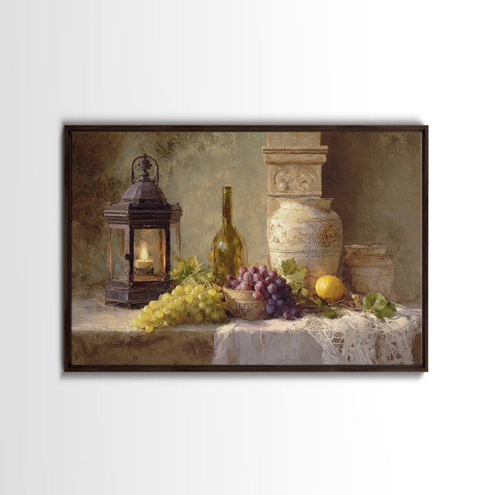 Grapevine and Wine Still Life on Linen Framed Canvas Print, Italian Villa Art, Farmhouse Wall Art, Living Room Decor, Villa, IVA-3x2-59