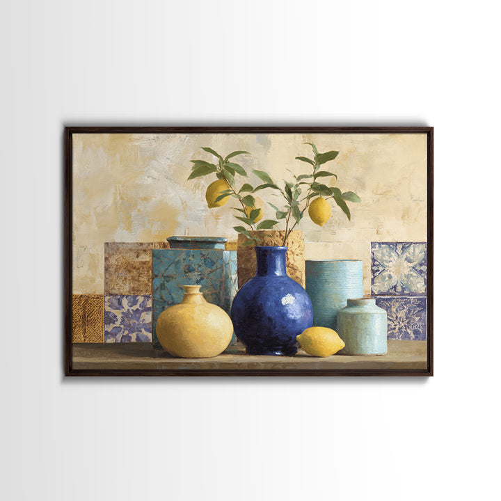 Lemon Branch in Blue Ceramic Vase Framed Canvas Print, Italian Villa Art, Contemporary Art, Living Room Decor, Fine Art, Villa, IVA-3x2-6