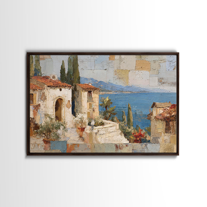 Mediterranean Arch Framing Blue Sea Framed Canvas Print, Italian Villa Art, Bedroom Wall Art, Living Room Decor, Villa, IVA-3x2-60