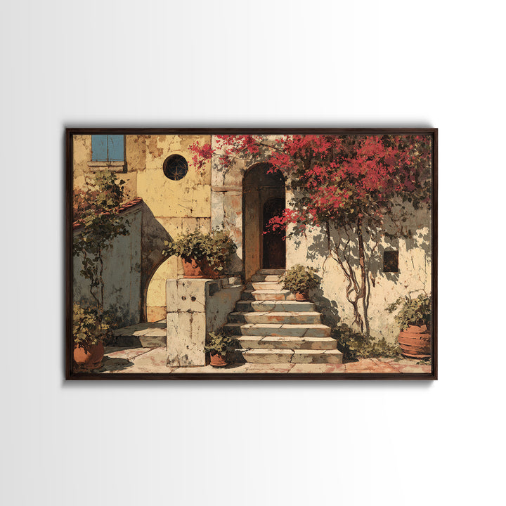Sunlit Stone Stairway Framed Canvas Print, Italian Villa Art, Neutral Decor, Living Room Decor, Fine Art, Villa, IVA-3x2-63