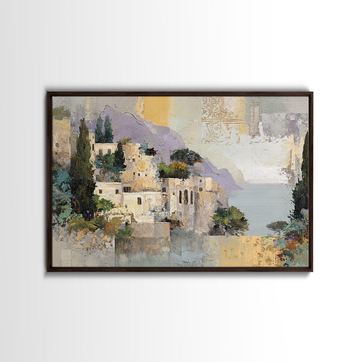 Amalfi Coast Cliffs Framed Canvas Print, Italian Villa Art, Printable Art, Living Room Decor, Watercolor Art, Villa, IVA-3x2-65