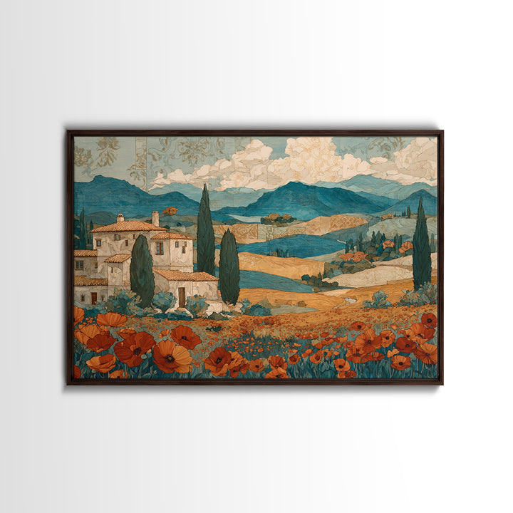 Tuscan Poppy Field Canvas Print, Italian Villa Art, Landscape Art, Living Room Decor, Watercolor Art, Villa, IVA-3x2-67