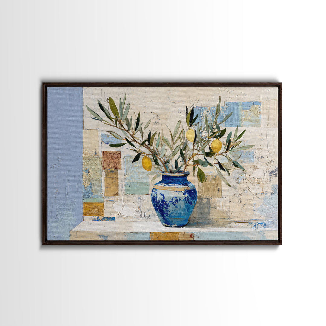 Lemon Branch in Blue Ceramic Vase Framed Canvas Print, Italian Villa Art, Bedroom Wall Art, Living Room Decor, Watercolor Art, IVA-3x2-78