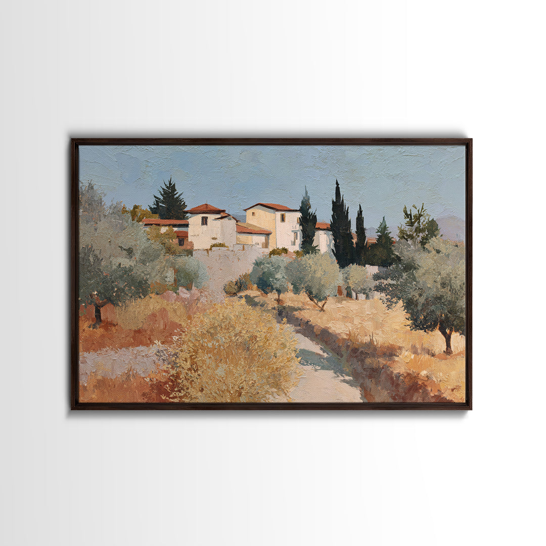 Olive Grove Path Framed Canvas Print, Italian Villa Art, Oil Painting, Living Room Decor, Watercolor Art, Villa, IVA-3x2-79