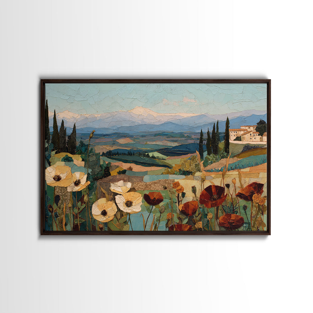 Tuscan Poppy Field Framed Canvas Print, Italian Villa Art, Travel Poster, Living Room Decor, Oil Painting, Villa, IVA-3x2-91