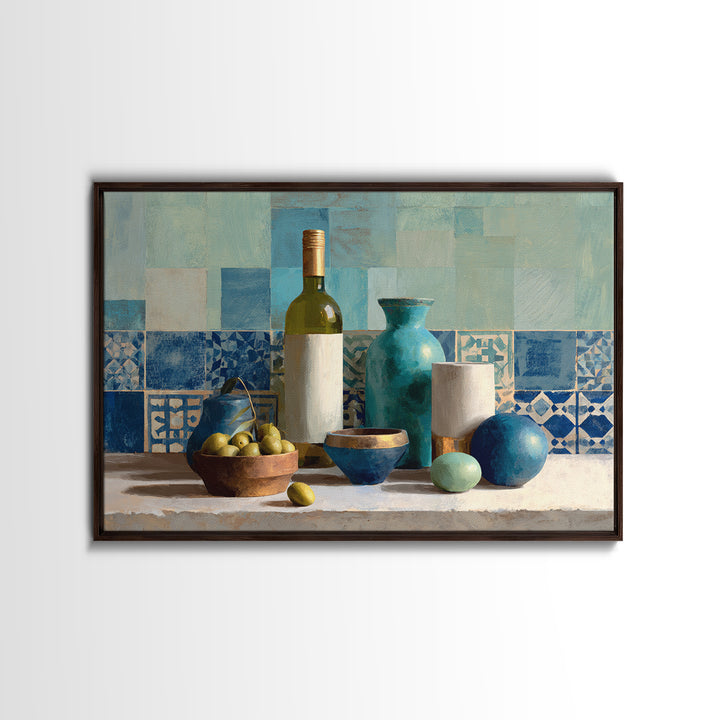 White Wine and Olives Still Life Framed Canvas Print, Italian Villa Art, Colorful Wall Art, Living Room Decor, Fine Art, Villa, IVA-3x2-92