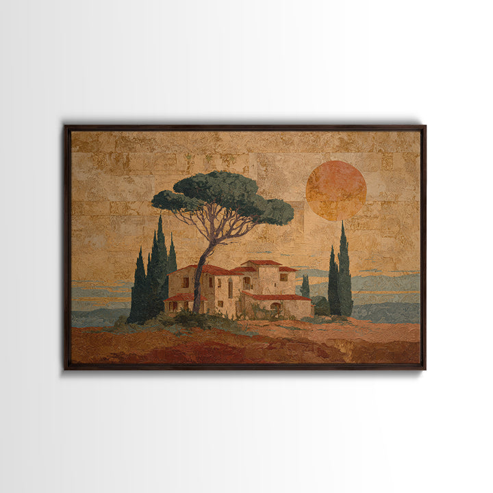 Cypress Silhouette at Sunset Framed Canvas Print, Italian Villa Art, Landscape Painting, Living Room Decor, Watercolor Art, IVA-3x2-97