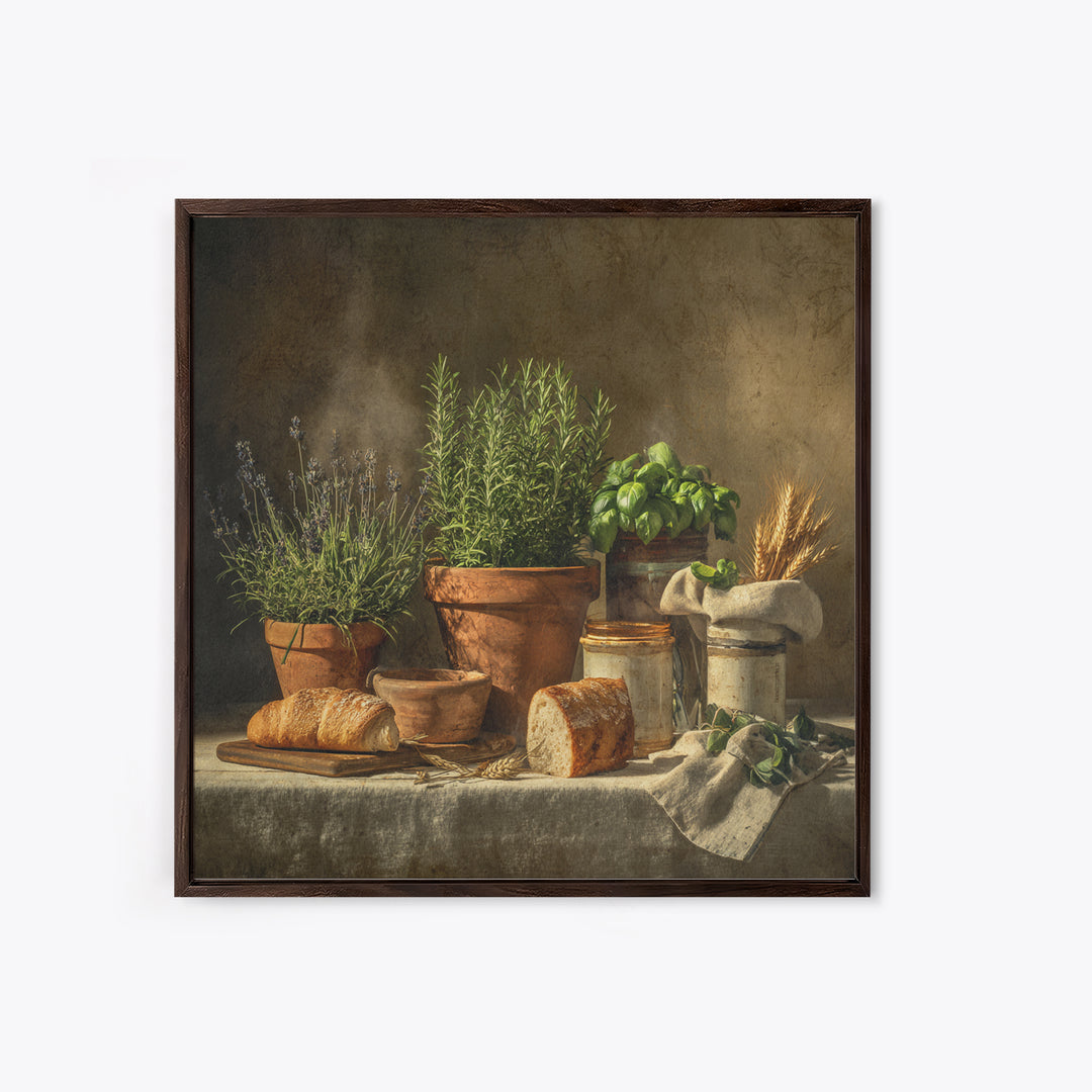Fresh Herbs in Terracotta Pots Framed Canvas Print, Kitchen Art, Coffee Wall Art, Kitchen Decor, Fine Art, Kitchen, Room Decor, KIT-1x1-1