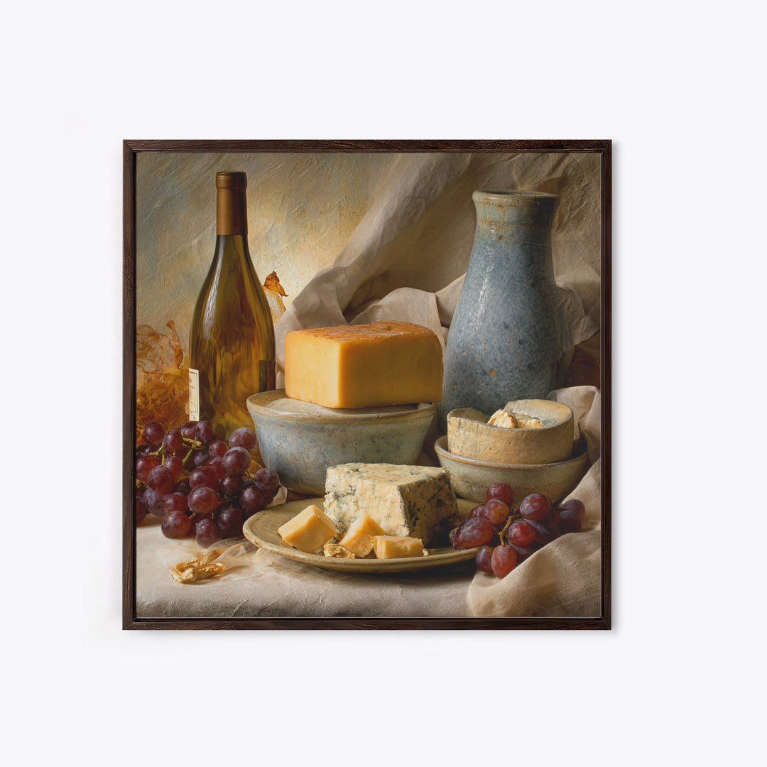 Wine Bottle Grapes and Cheese Still Life Framed Canvas Print, Kitchen Art, Kitchen, Kitchen Decor, Fine Art, Kitchen, KIT-1x1-12