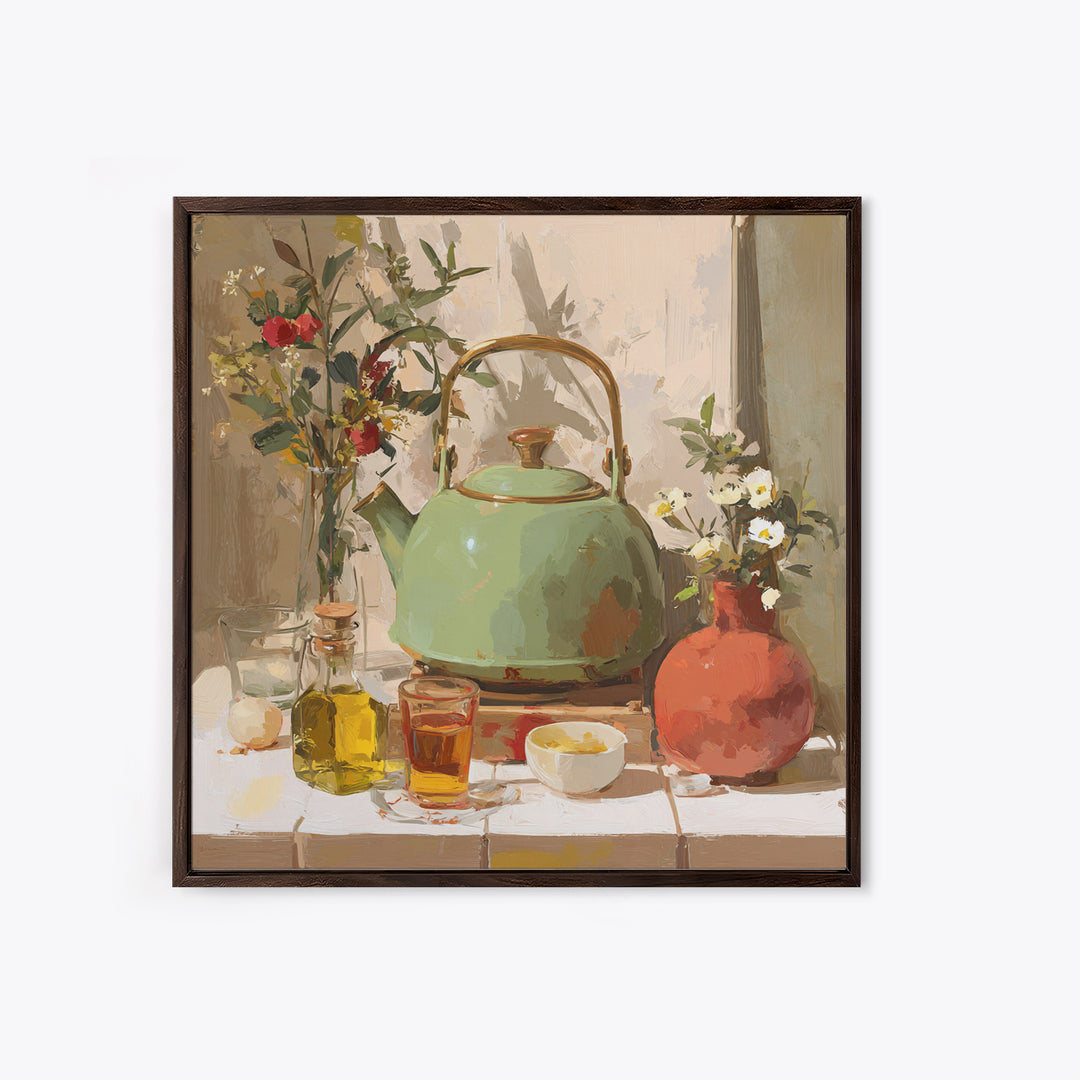 Tea Kettle with Steam and Wildflowers Canvas Print, Kitchen Art, Coffee Art, Kitchen Decor, Fine Art, Kitchen, Fine Art Print, KIT-1x1-14