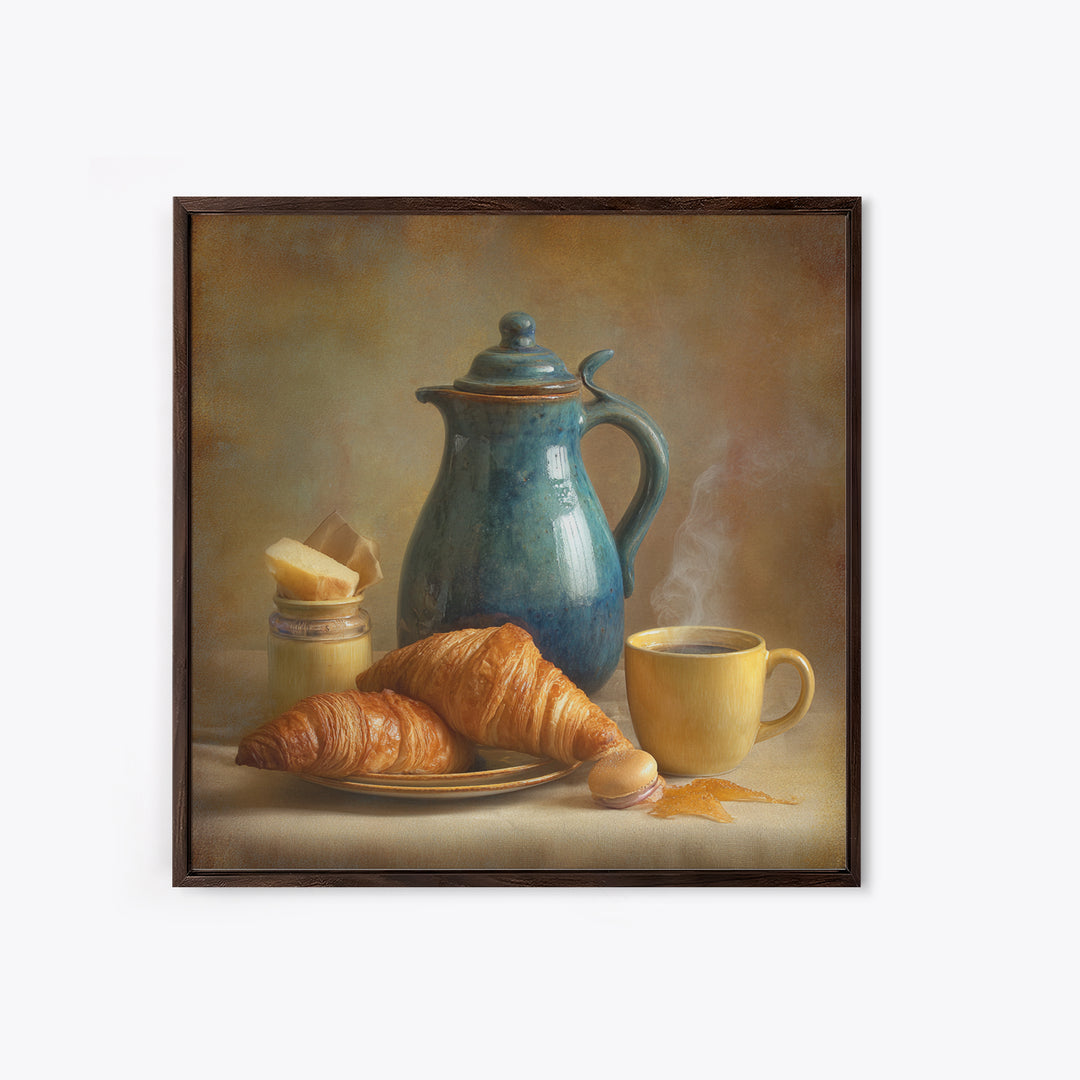 Coffee Pot and Croissant Morning Still Life Canvas Print, Kitchen Art, Kitchen Decor, Fine Art, Kitchen, Kitchen Art Print, KIT-1x1-31