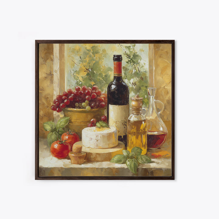 Wine Bottle Grapes and Cheese Still Life Canvas Print, Kitchen Art, Printable Wall Art, Kitchen Decor, Watercolor Art, Kitchen, KIT-1x1-36