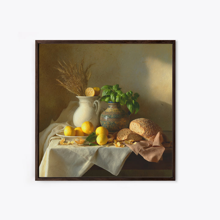 Pasta Lemons and Basil Mediterranean Still Life Framed Canvas Print, Kitchen Art, Gallery Decor, Kitchen Decor, Kitchen, KIT-1x1-41