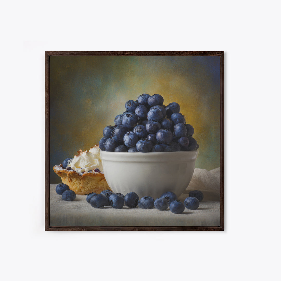 Blueberries in a White Bowl Framed Canvas Print, Kitchen Art, Modern Art, Kitchen Decor, Oil Painting, Kitchen, Neutral Decor, KIT-1x1-43