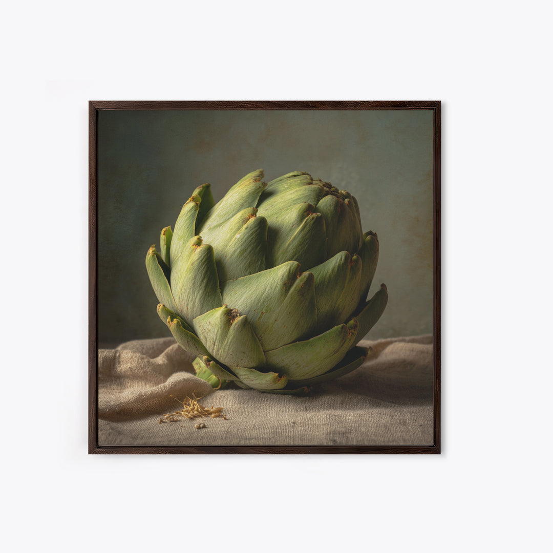 Artichoke Closeup in Painterly Green Tones Framed Canvas Print, Kitchen Art, Art Deco, Kitchen Decor, Fine Art, Kitchen, KIT-1x1-44